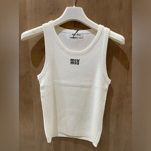 Miu Miu Cream Ribbed Tank with Black Logo